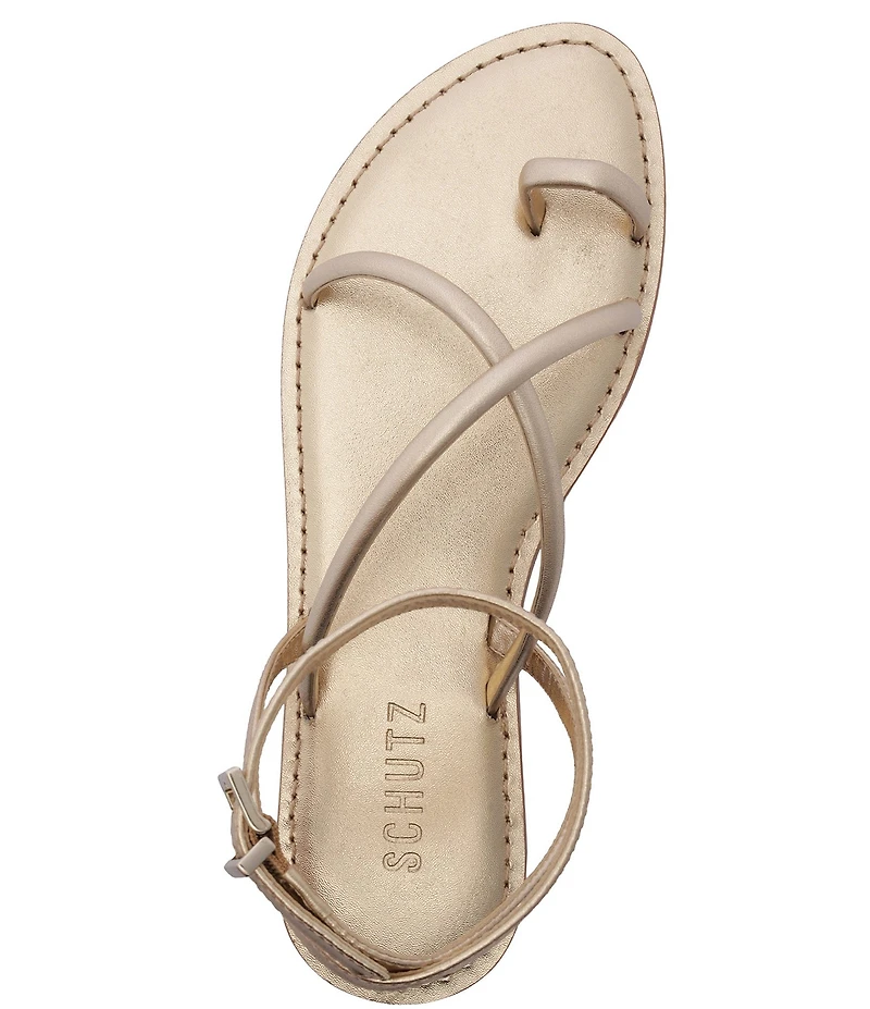 Schutz Valeria Leather Ankle Strap Toe Ring Flat Sandals