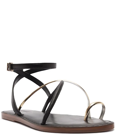 Schutz Valeria Leather Ankle Strap Toe Ring Flat Sandals