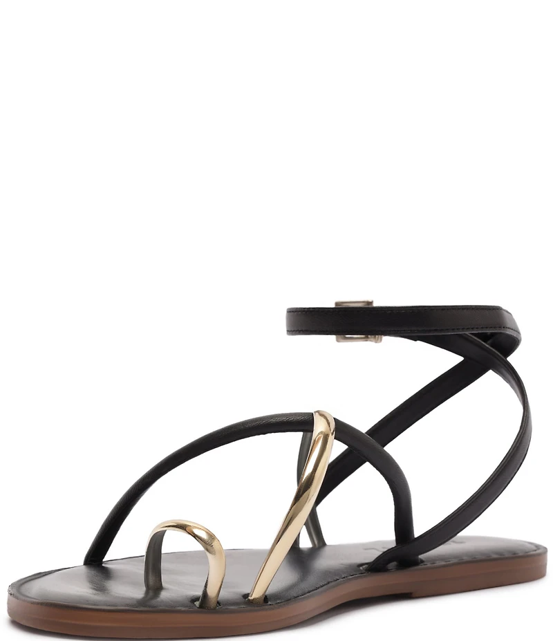 Schutz Valeria Leather Ankle Strap Toe Ring Flat Sandals