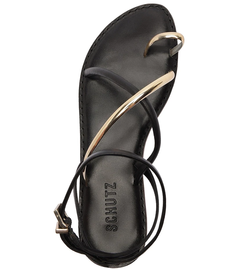 Schutz Valeria Leather Ankle Strap Toe Ring Flat Sandals