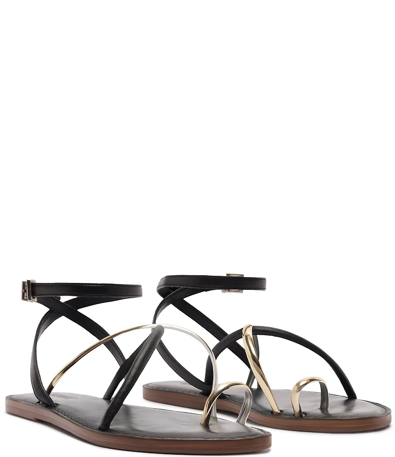 Schutz Valeria Leather Ankle Strap Toe Ring Flat Sandals