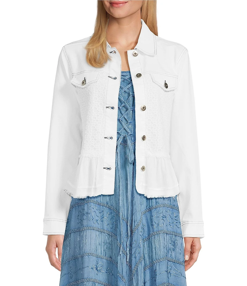 Scully Denim Lace Voile Point Collar Long Sleeve Button Front Jacket