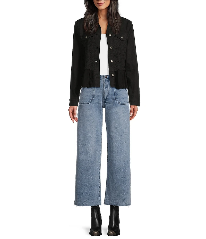 Scully Denim Lace Voile Point Collar Long Sleeve Button Front Jacket