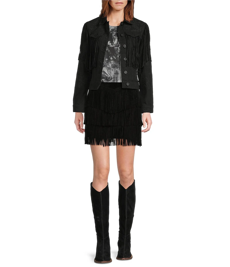 Scully Western Embroidered and Fringe Detailed Western Denim Jean Statement Jacket