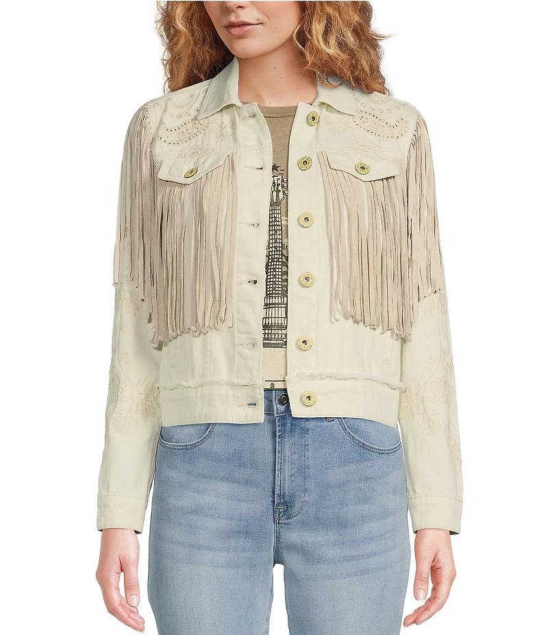 Scully Western Embroidered and Fringe Detailed Western Denim Jean Statement Jacket
