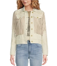 Scully Western Embroidered and Fringe Detailed Western Denim Jean Statement Jacket