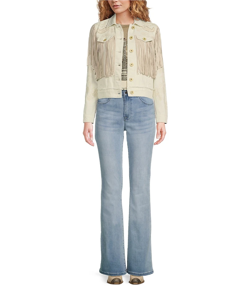 Scully Western Embroidered and Fringe Detailed Western Denim Jean Statement Jacket