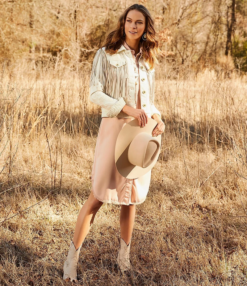 Scully Western Embroidered and Fringe Detailed Western Denim Jean Statement Jacket