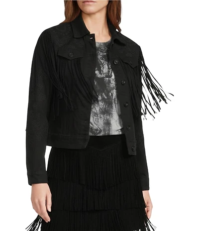Scully Western Embroidered and Fringe Detailed Western Denim Jean Statement Jacket