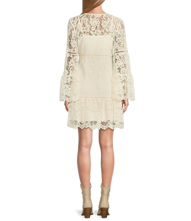 Scully Lace V-Neck Long Bell Sleeve Scalloped Hem A-Line Dress