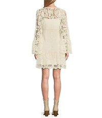 Scully Lace V-Neck Long Bell Sleeve Scalloped Hem A-Line Dress
