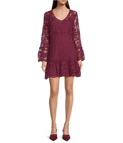 Scully Lace V-Neck Long Bell Sleeve Scalloped Hem A-Line Dress