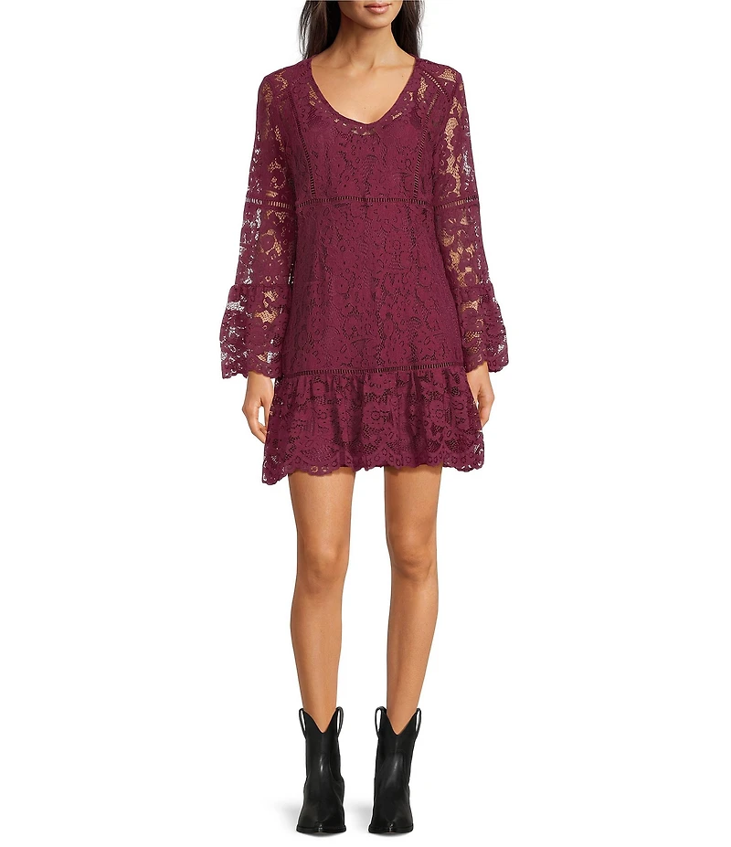 Scully Lace V-Neck Long Bell Sleeve Scalloped Hem A-Line Dress