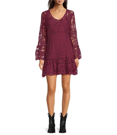 Scully Lace V-Neck Long Bell Sleeve Scalloped Hem A-Line Dress