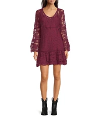 Scully Lace V-Neck Long Bell Sleeve Scalloped Hem A-Line Dress