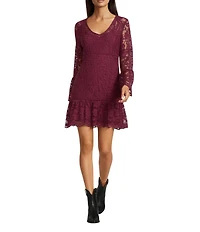 Scully Lace V-Neck Long Bell Sleeve Scalloped Hem A-Line Dress