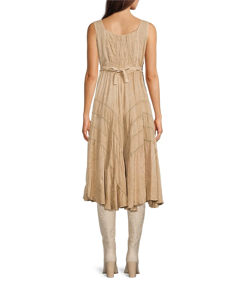 Scully Sleeveless Lace-Up Embroidered Floral Jacquard Tie Waist Midi Dress