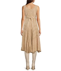 Scully Sleeveless Lace-Up Embroidered Floral Jacquard Tie Waist Midi Dress