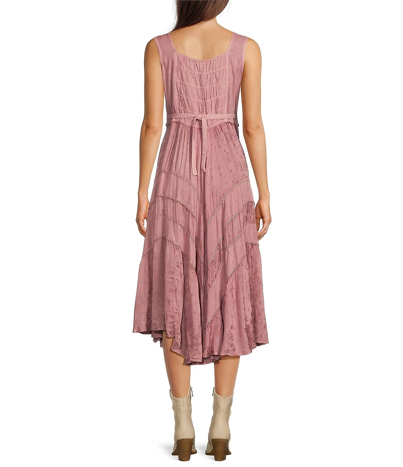 Scully Sleeveless Lace-Up Embroidered Floral Jacquard Tie Waist Midi Dress