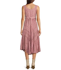 Scully Sleeveless Lace-Up Embroidered Floral Jacquard Tie Waist Midi Dress