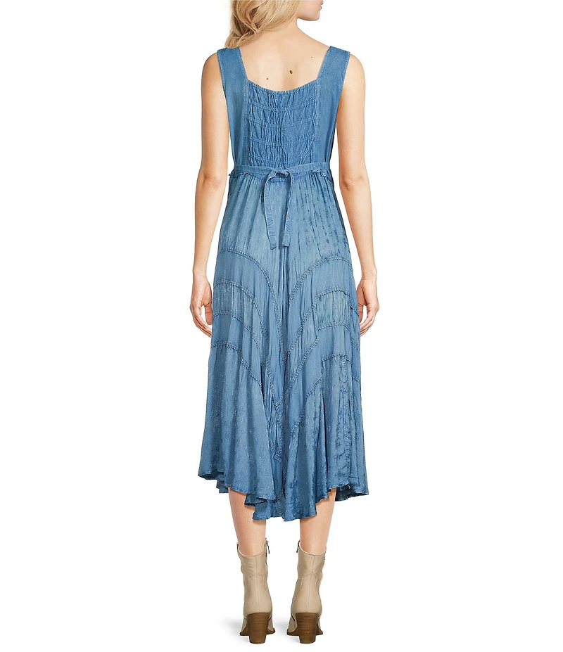 Scully Sleeveless Lace-Up Embroidered Floral Jacquard Tie Waist Midi Dress