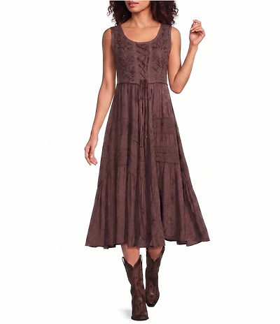 Scully Sleeveless Lace-Up Embroidered Floral Jacquard Tie Waist Midi Dress