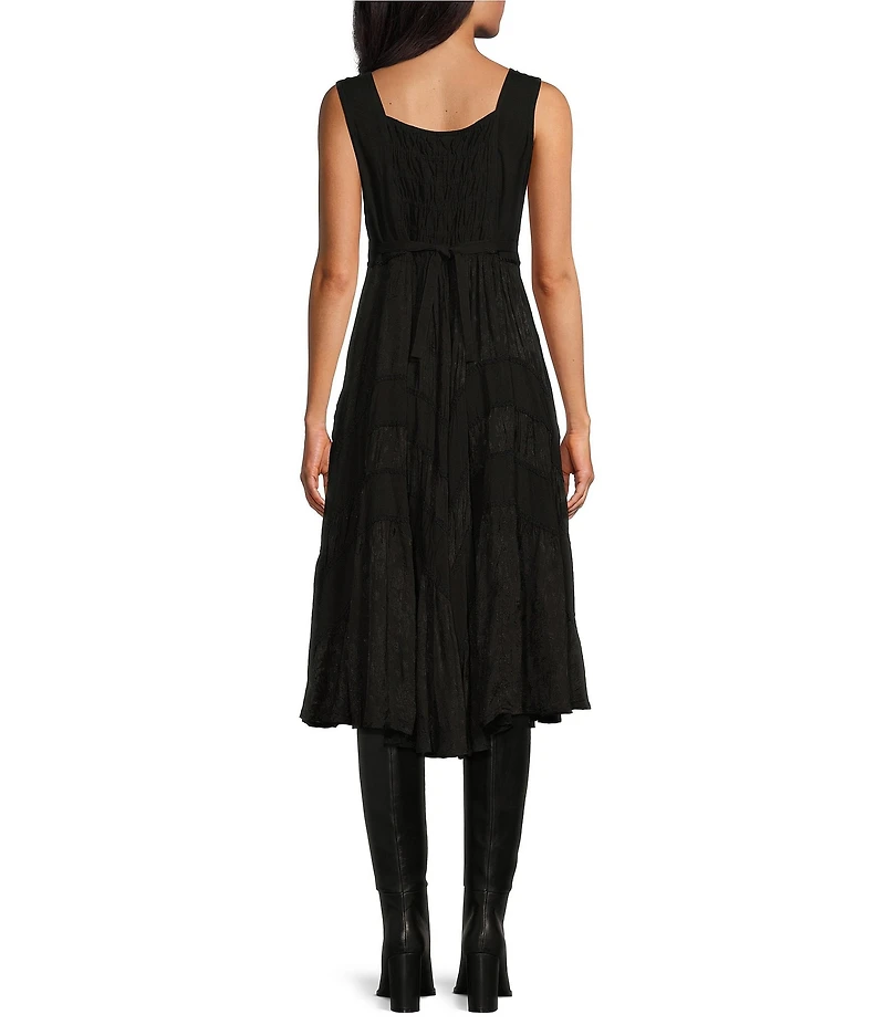 Scully Sleeveless Lace-Up Embroidered Floral Jacquard Tie Waist Midi Dress