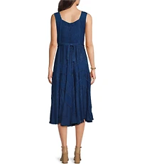 Scully Sleeveless Lace-Up Embroidered Floral Jacquard Tie Waist Midi Dress