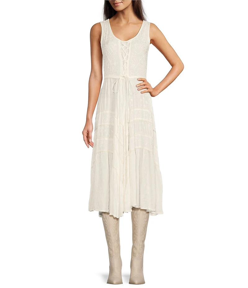 Scully Sleeveless Lace-Up Embroidered Floral Jacquard Tie Waist Midi Dress