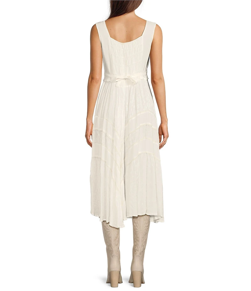 Scully Sleeveless Lace-Up Embroidered Floral Jacquard Tie Waist Midi Dress