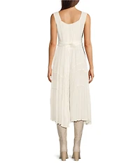 Scully Sleeveless Lace-Up Embroidered Floral Jacquard Tie Waist Midi Dress