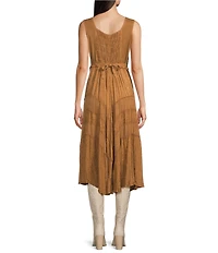 Scully Sleeveless Lace-Up Embroidered Floral Jacquard Tie Waist Midi Dress