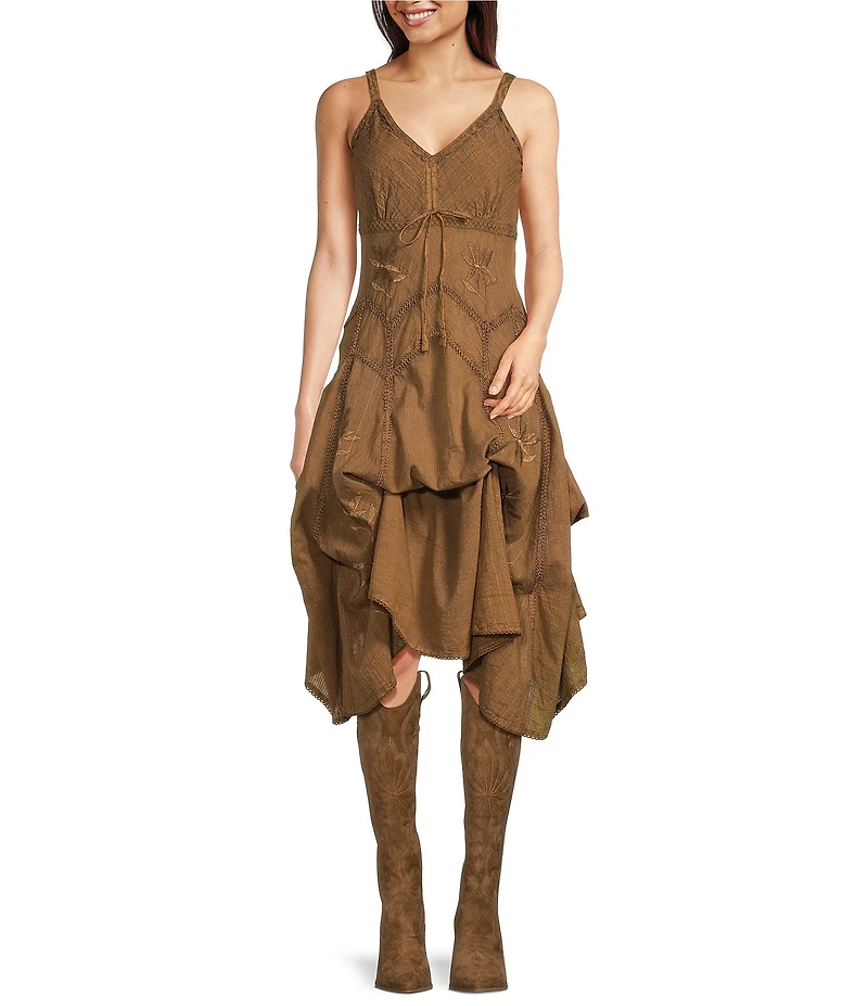 Scully Spaghetti Strap Front Tie Embroidered Midi Dress