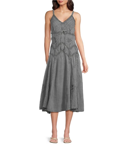 Scully Spaghetti Strap Front Tie Embroidered Midi Dress