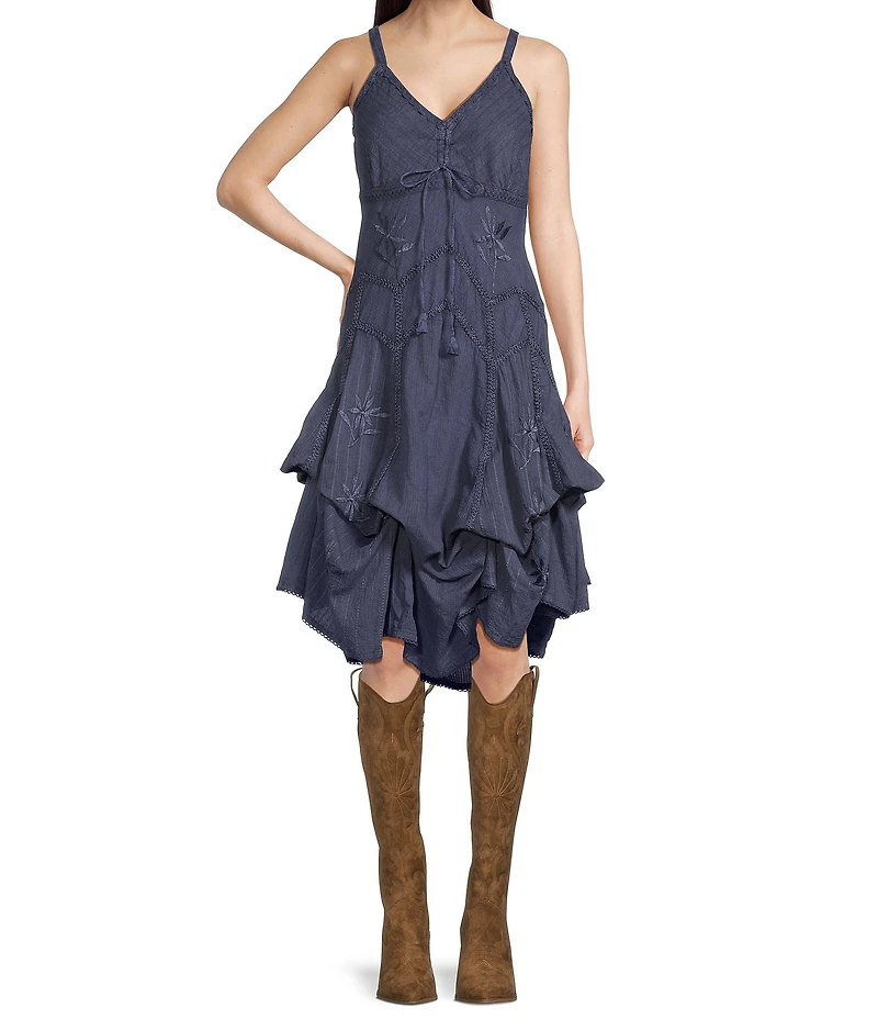 Scully Spaghetti Strap Front Tie Embroidered Midi Dress