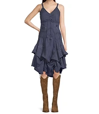 Scully Spaghetti Strap Front Tie Embroidered Midi Dress