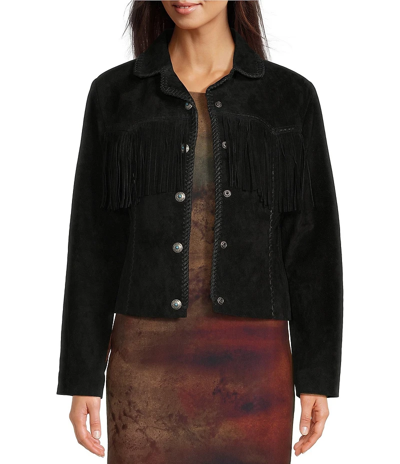 Scully Suede Leather Whipstitch Collar Fringe Jacket