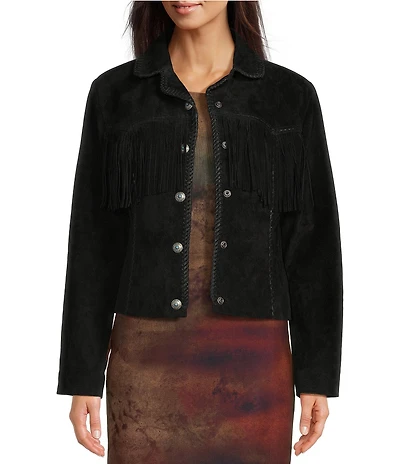Scully Suede Leather Whipstitch Collar Fringe Jacket