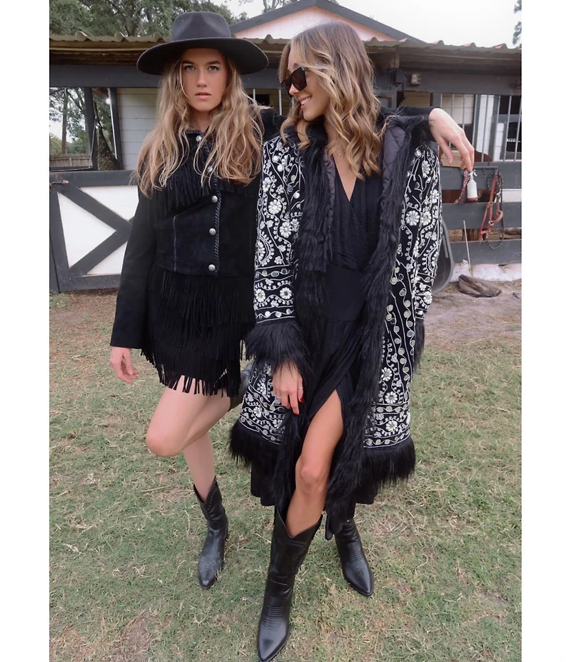 Scully Suede Leather Whipstitch Collar Fringe Jacket