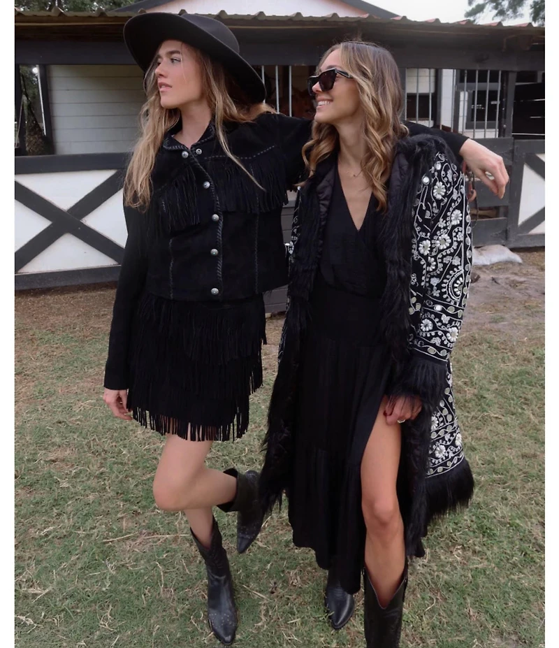 Scully Suede Leather Whipstitch Collar Fringe Jacket