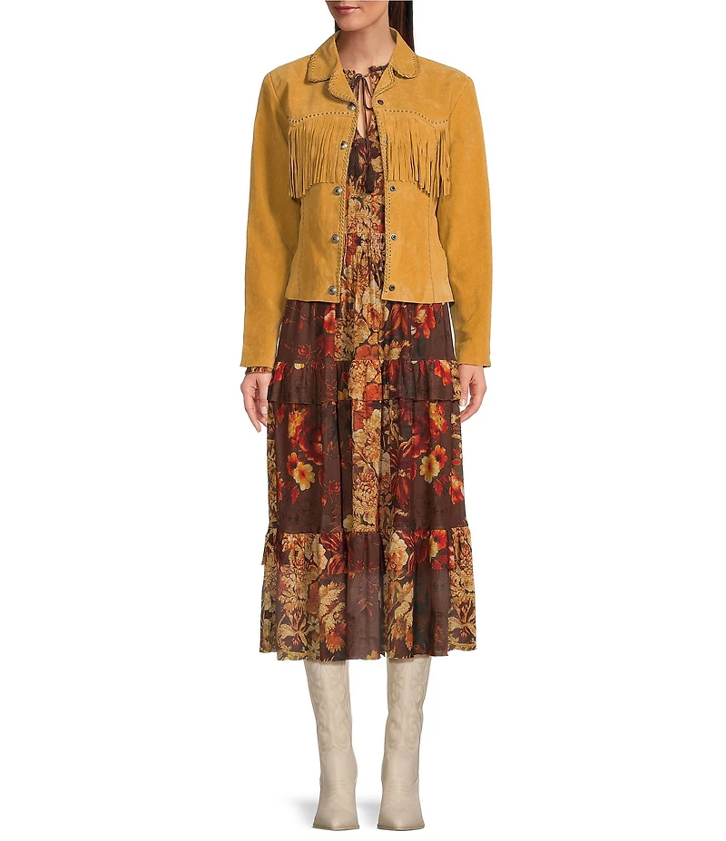 Scully Suede Leather Whipstitch Collar Fringe Jacket