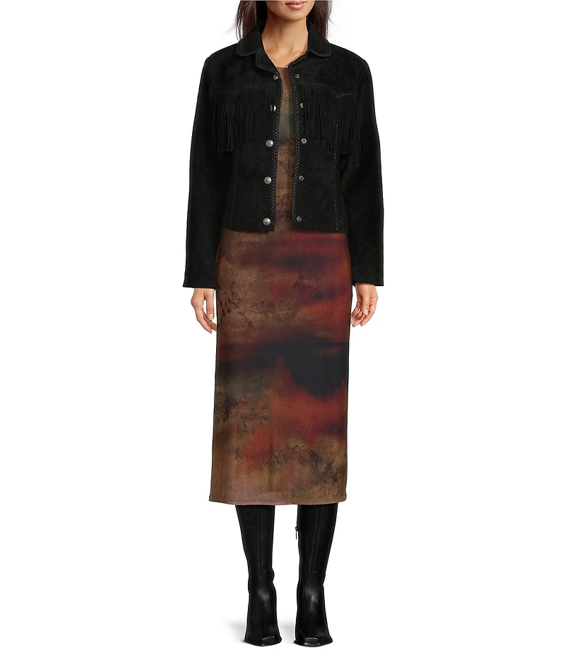 Scully Suede Leather Whipstitch Collar Fringe Jacket