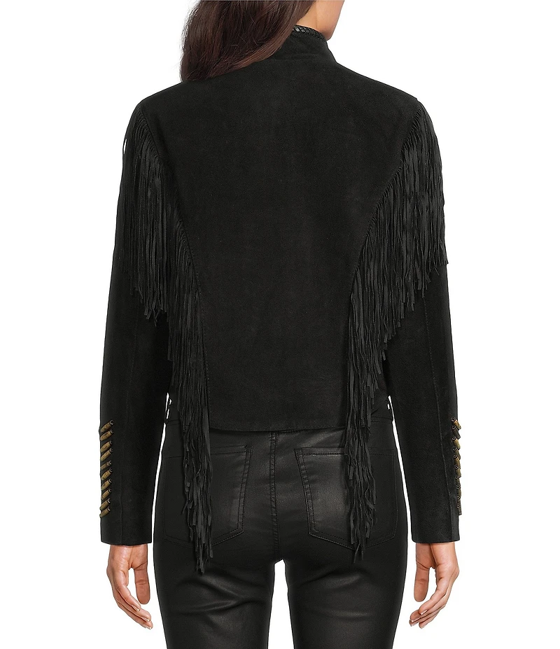 Scully Suede Fringe Round Neck Long Sleeve Jacket
