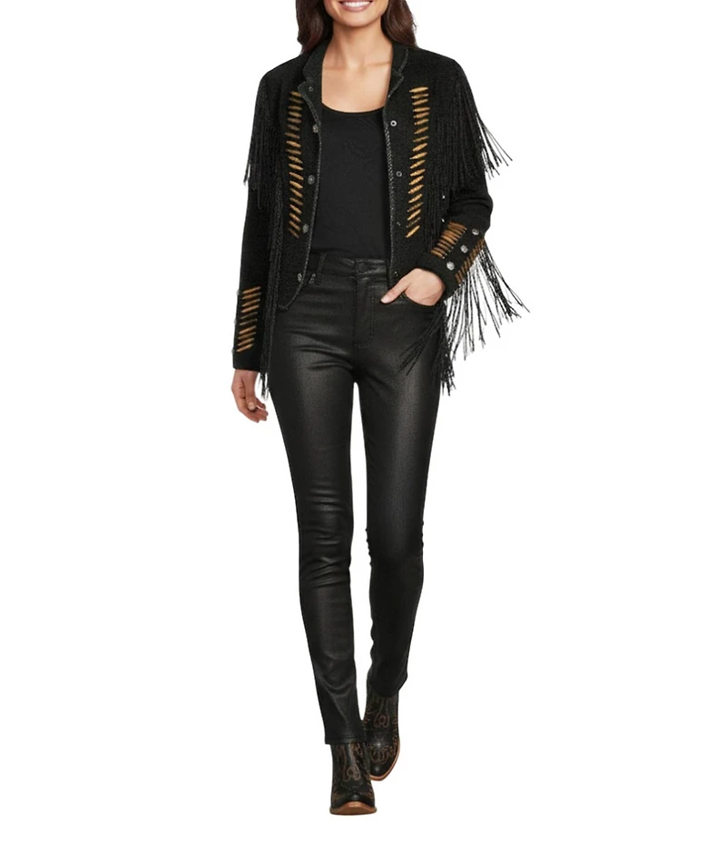 Scully Suede Fringe Round Neck Long Sleeve Jacket