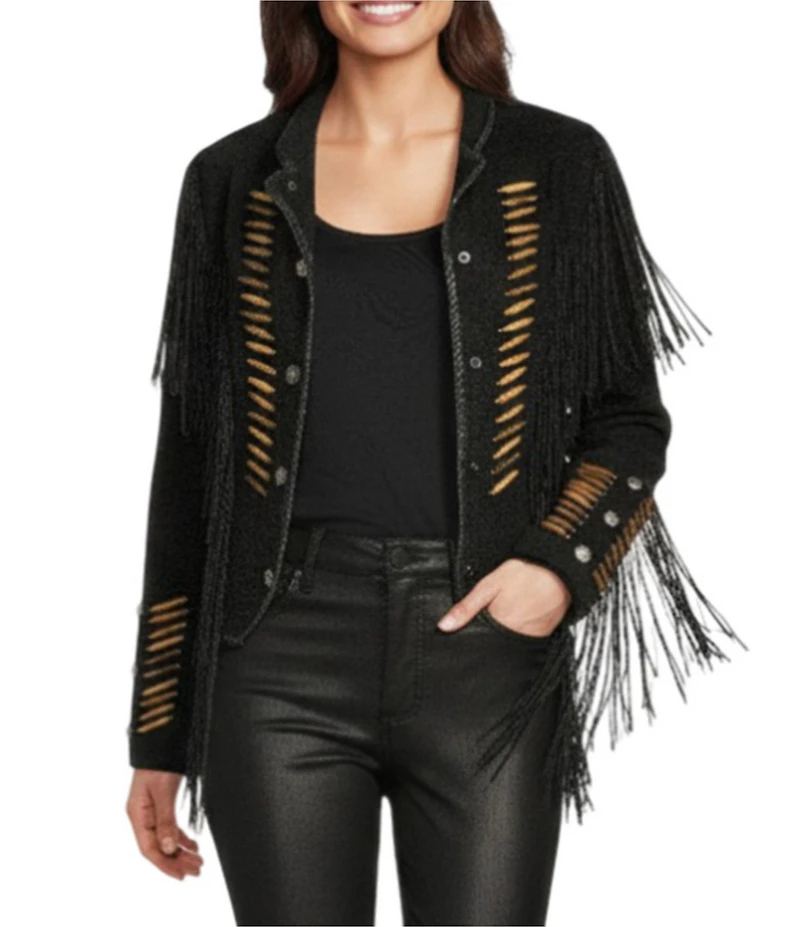 Scully Suede Fringe Round Neck Long Sleeve Jacket