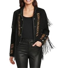 Scully Suede Fringe Round Neck Long Sleeve Jacket