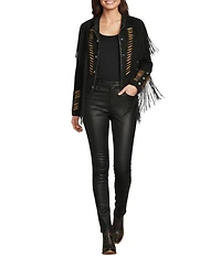 Scully Suede Fringe Round Neck Long Sleeve Jacket