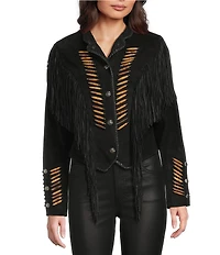Scully Suede Fringe Round Neck Long Sleeve Jacket
