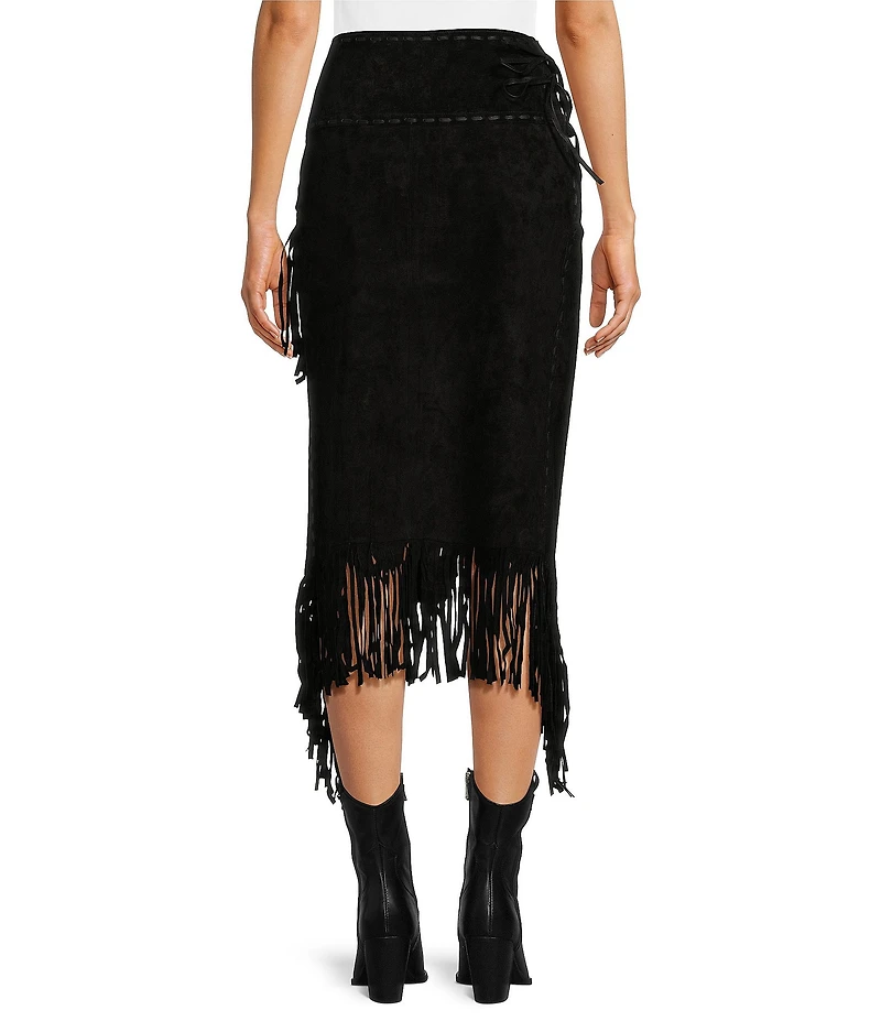 Scully Western Suede Leather High Rise Wrap Fringe Midi Skirt