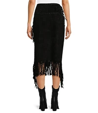 Scully Western Suede Leather High Rise Wrap Fringe Midi Skirt